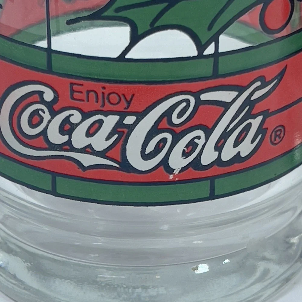 Vintage COCA COLA Christmas Holly Berry Stained Glass Drinking Glasses Set‎ Of 2